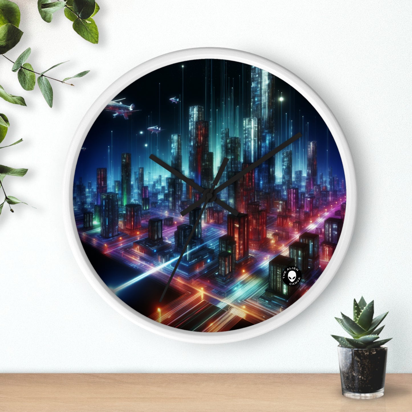 « Neon Skyline : un paysage urbain futuriste » – L'horloge murale Alien