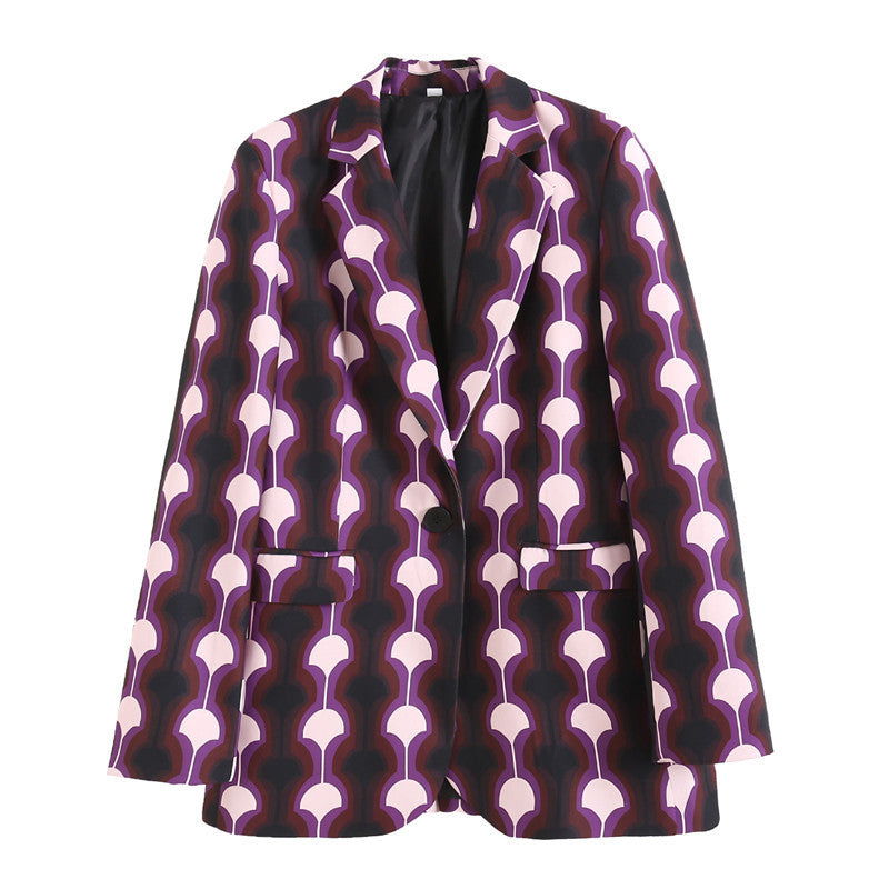 Lapel Long Sleeve Printed One Button Blazer Pants Suit Women