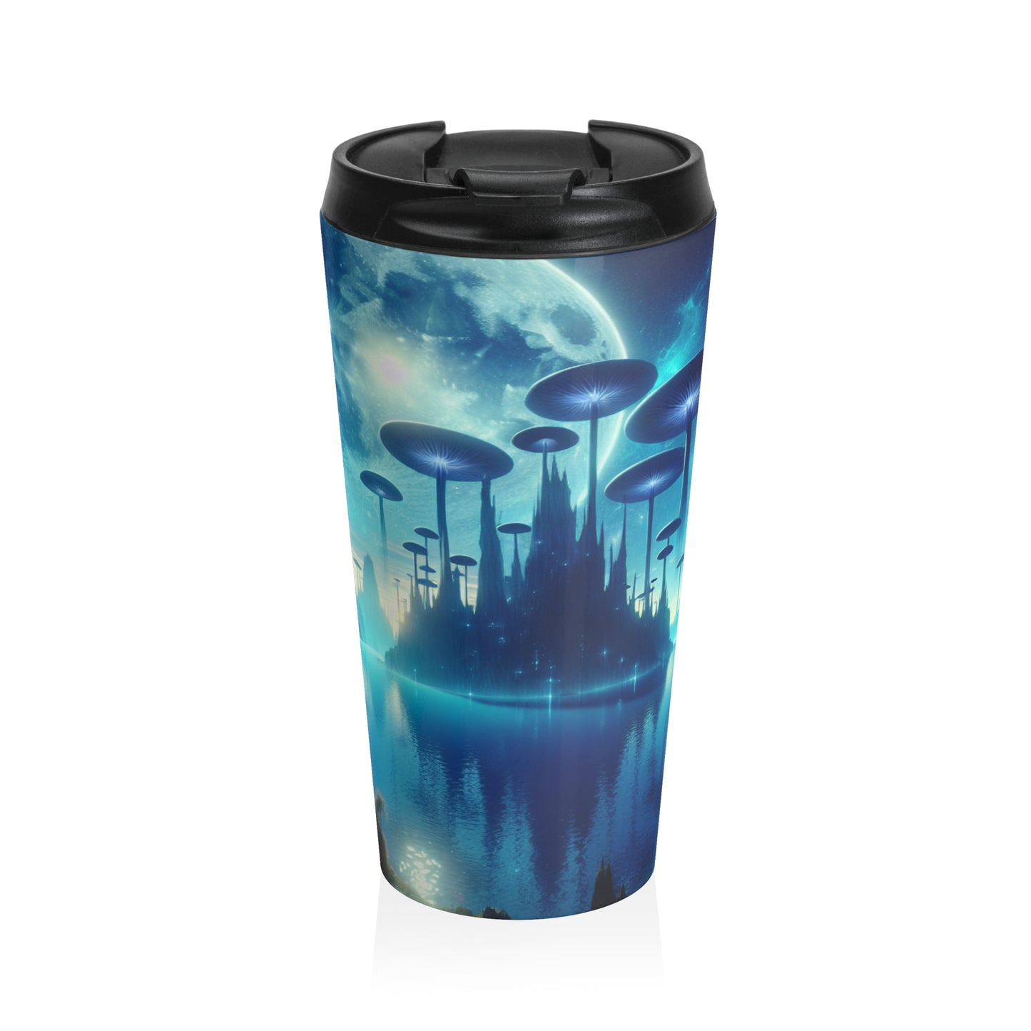 "Moonlit Mushroom Lake" - Taza de viaje de acero inoxidable de The Alien