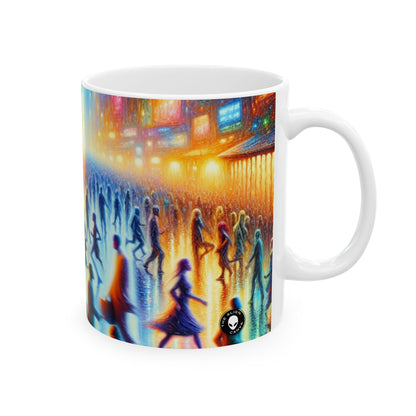 "Paisajes nocturnos de neón: una sinfonía de caos urbano" - Taza de cerámica The Alien de 11 oz