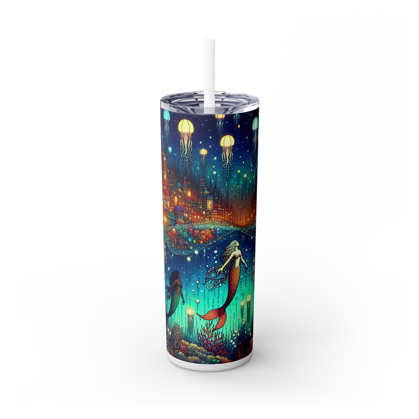 « Glowing Jellyfish City : un monde sous-marin fantaisiste » - Verre fin Alien Maars® avec paille 20 oz