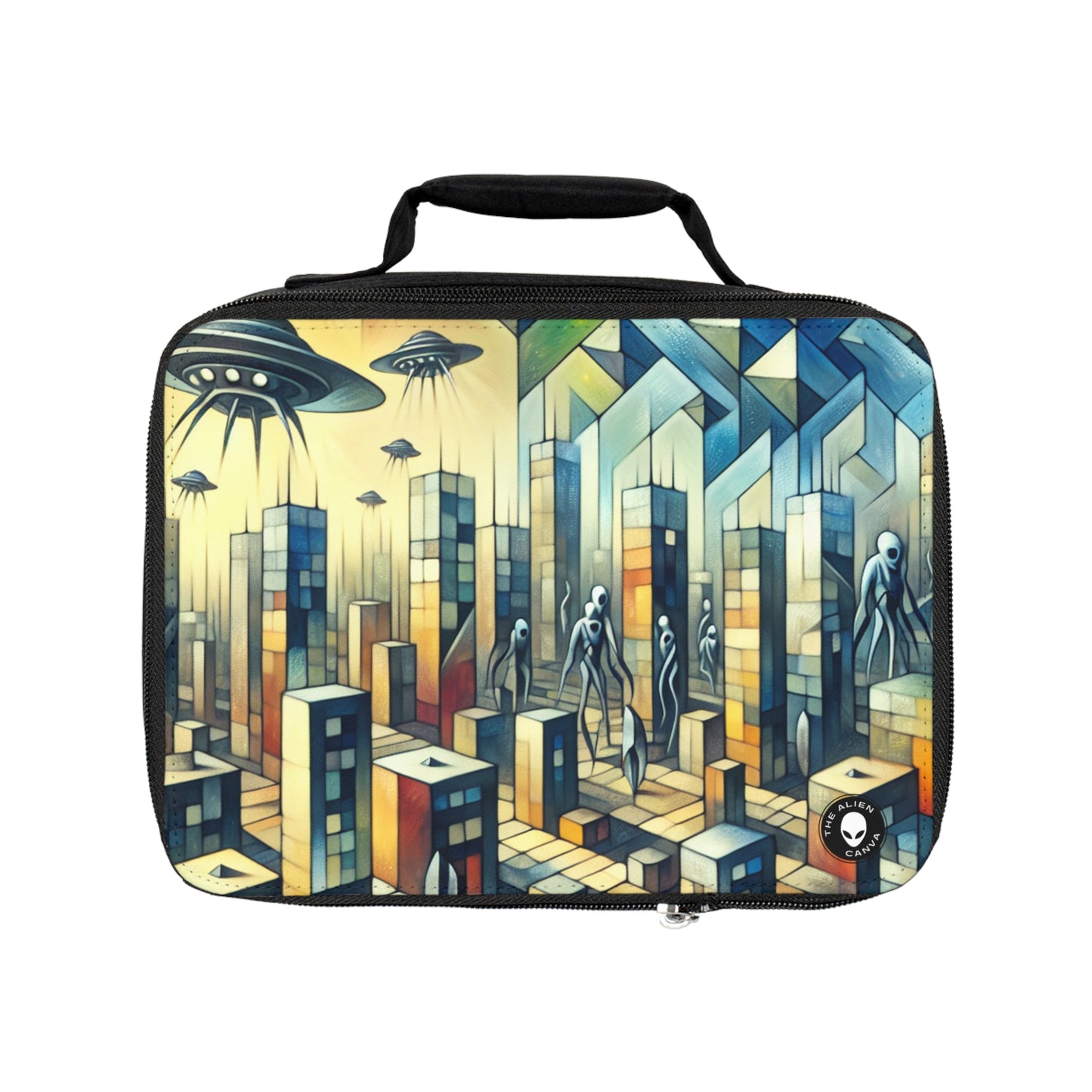 "Cubism in a Futuristic, Alien-Invaded City". - The Alien Lunch Bag A futristic city invaded by aliens in cubism art style