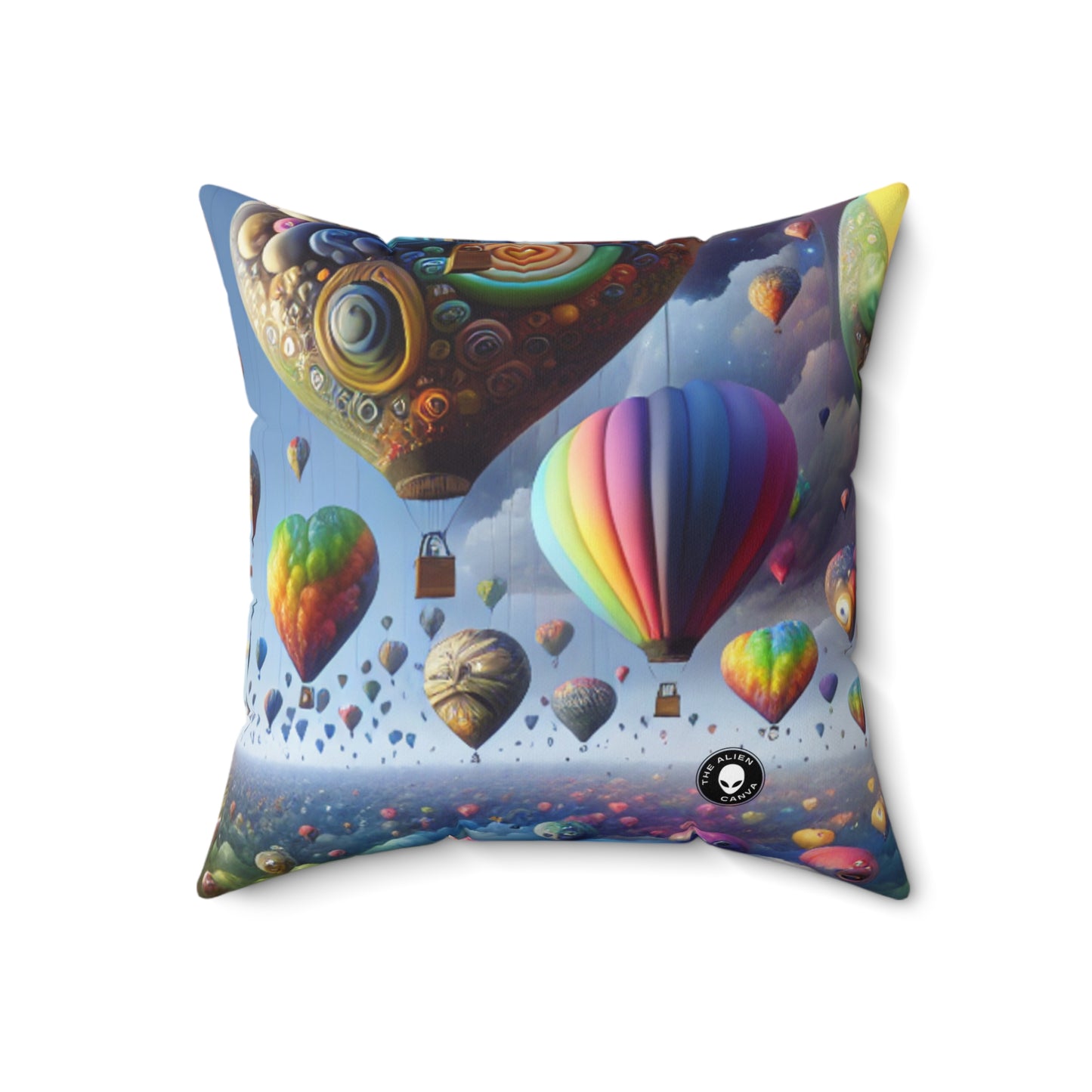 "Horizonte emocional: un paisaje surrealista de globos" - Almohada cuadrada de poliéster hilado extraterrestre