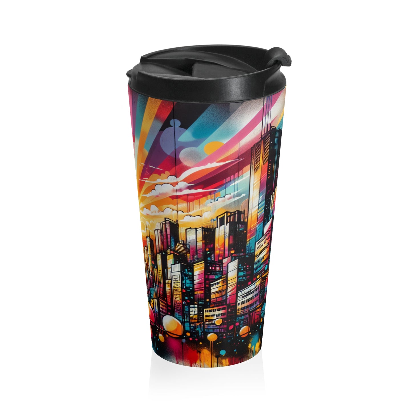 "Cityscape Sunrise" - The Alien Stainless Steel Travel Mug Street Art / Graffiti Style