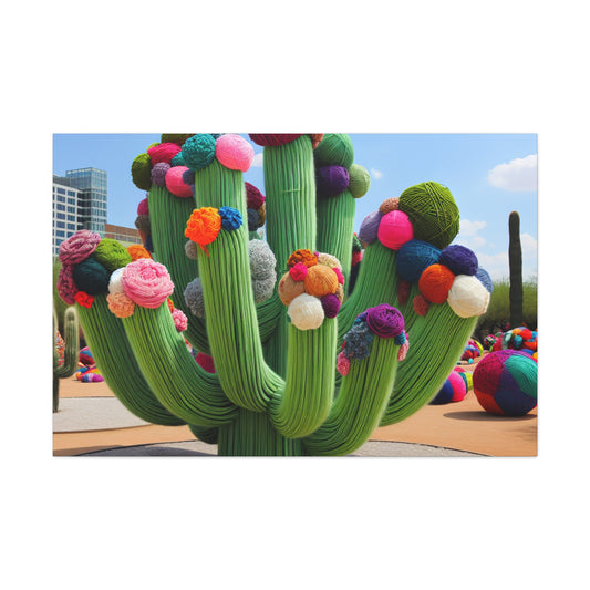 "Cactus remplis de fil dans le ciel" - Le style Alien Canva Yarn Bombing (Fiber Art)
