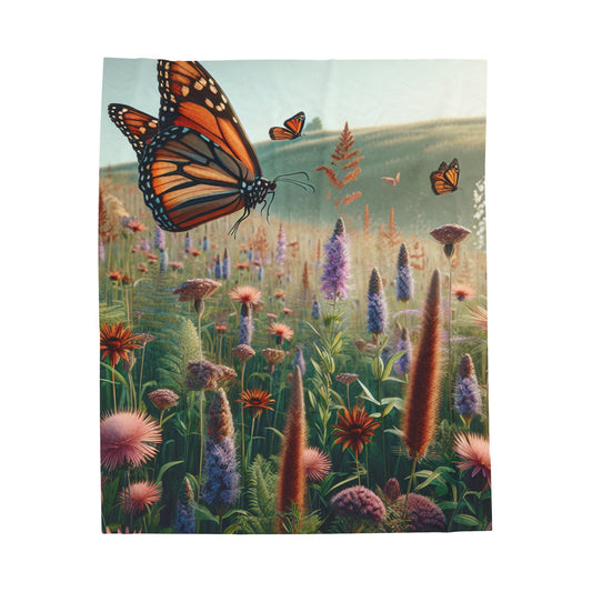 « Un monarque dans une prairie de fleurs sauvages » - la couverture en peluche Alien en velours, style réaliste