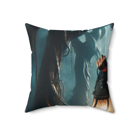 "Prêt pour la bataille dans les bois tordus" - L'oreiller carré en polyester filé Alien style artistique gothique