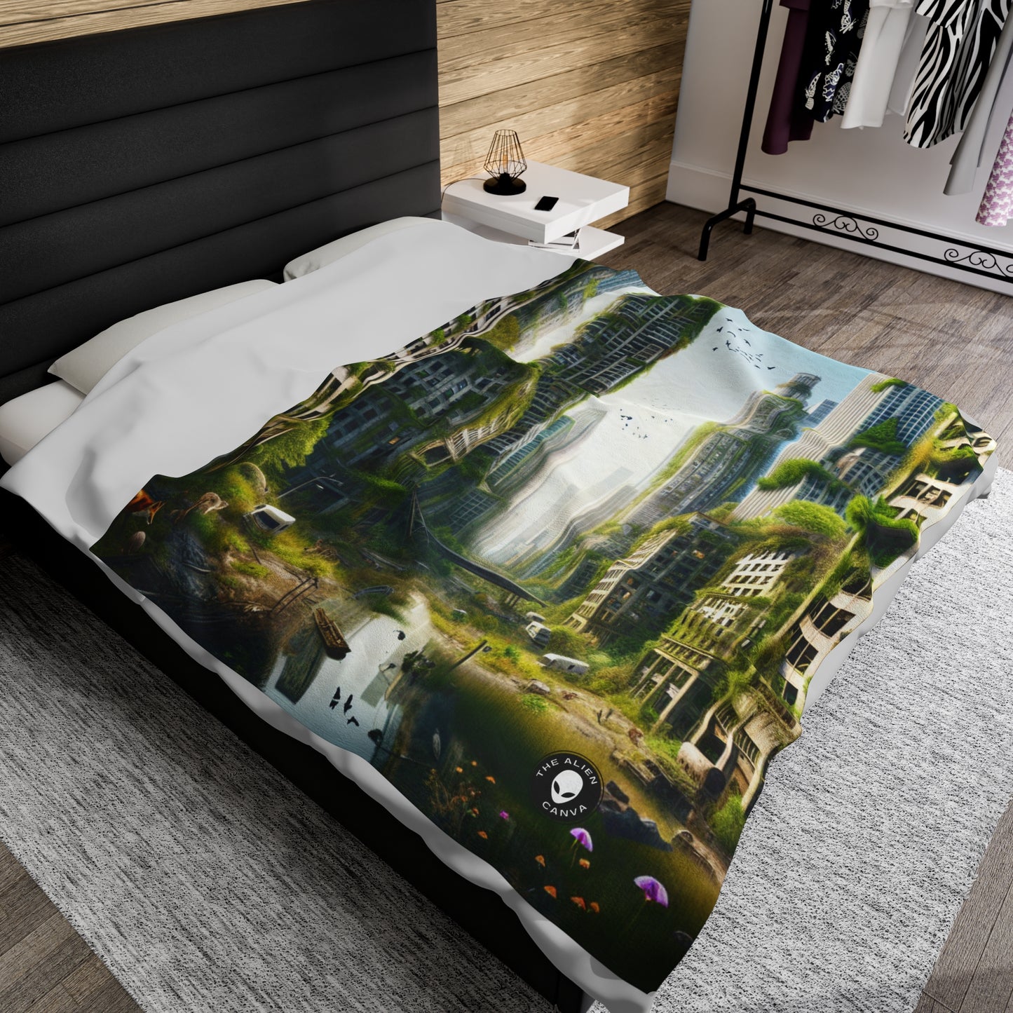 "Nature's Reclamation: A Futuristic Urban Jungle" - The Alien Velveteen Plush Blanket