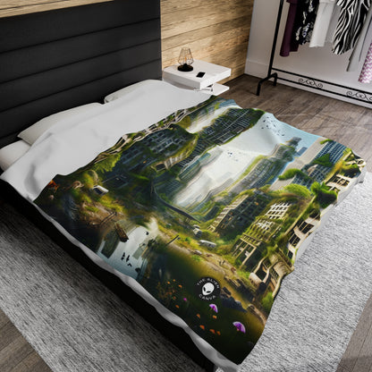 "Nature's Reclamation: A Futuristic Urban Jungle" - The Alien Velveteen Plush Blanket