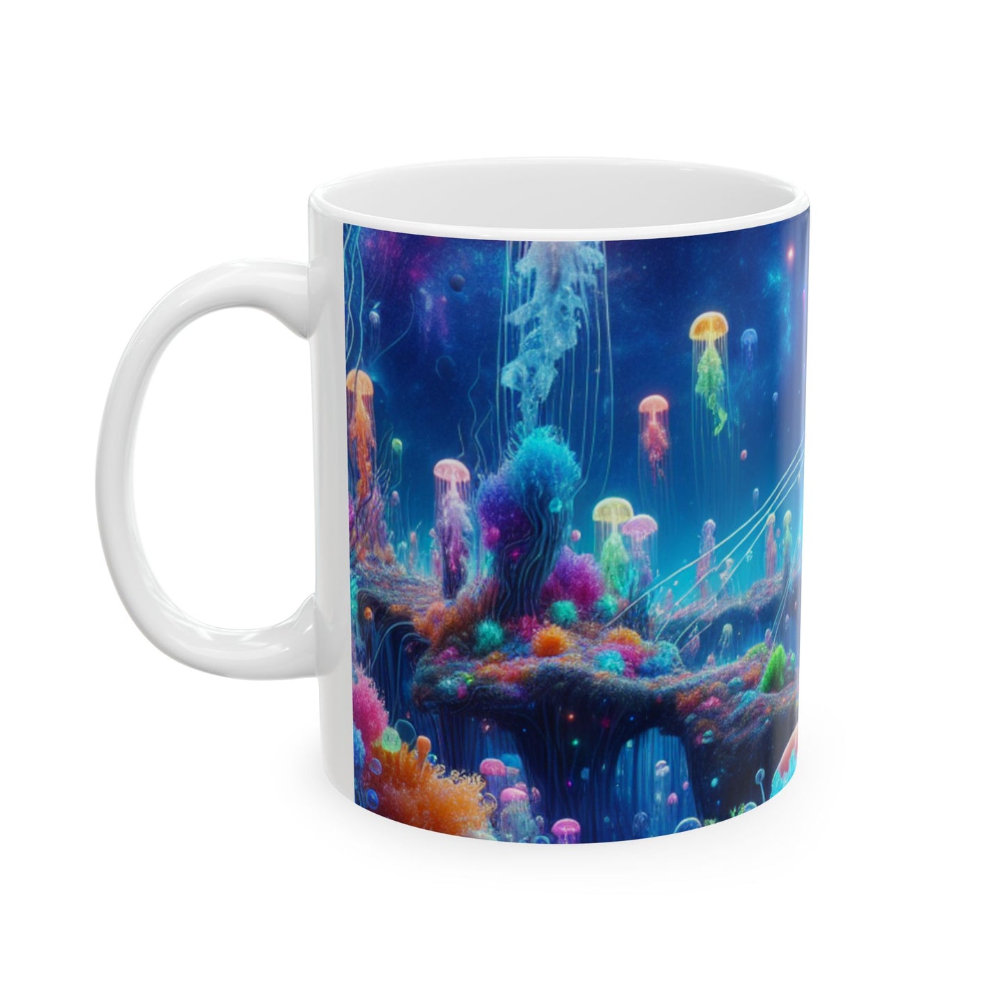 "Neon Jellyfish Fantasia : Une odyssée sous-marine surréaliste" - Tasse en céramique Alien 11 oz