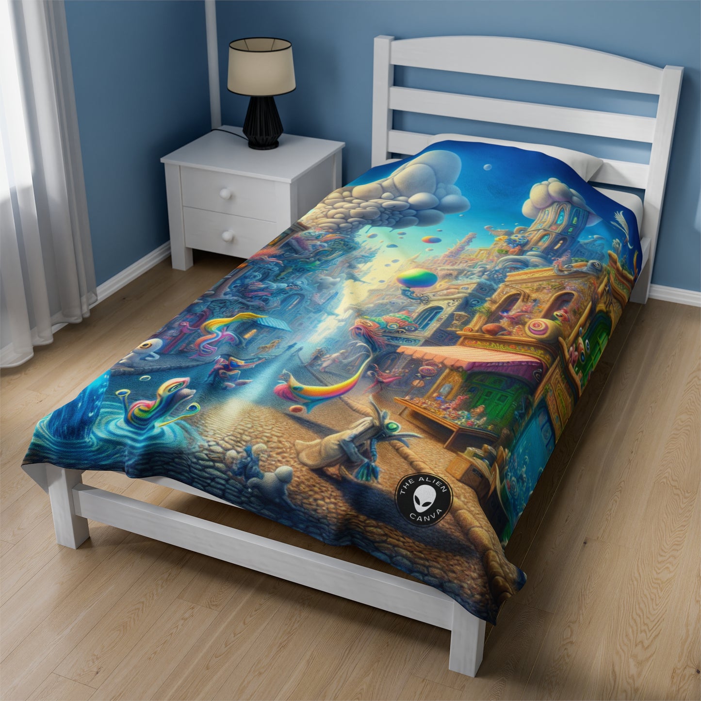 "Whimsical Wonders: A Vibrant Street Scene" - The Alien Velveteen Plush Blanket