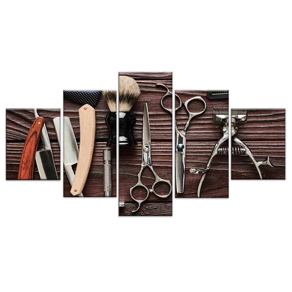 Outils de coiffure, assortiment de peinture sur toile, affiche de décoration murale