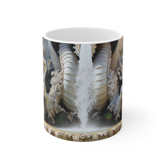 "Fiery Dragon Fountain: Heaven's Cascade" - La taza de cerámica alienígena estilo rococó de 11 oz