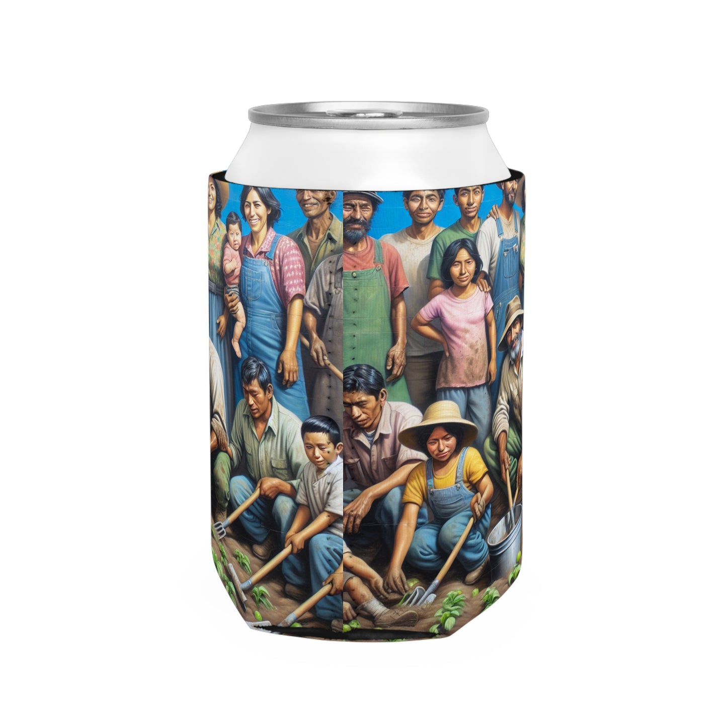 "Reaping Hope: A Migrant Family in the Garden" - The Alien Can Cooler Sleeve Social Realism Style