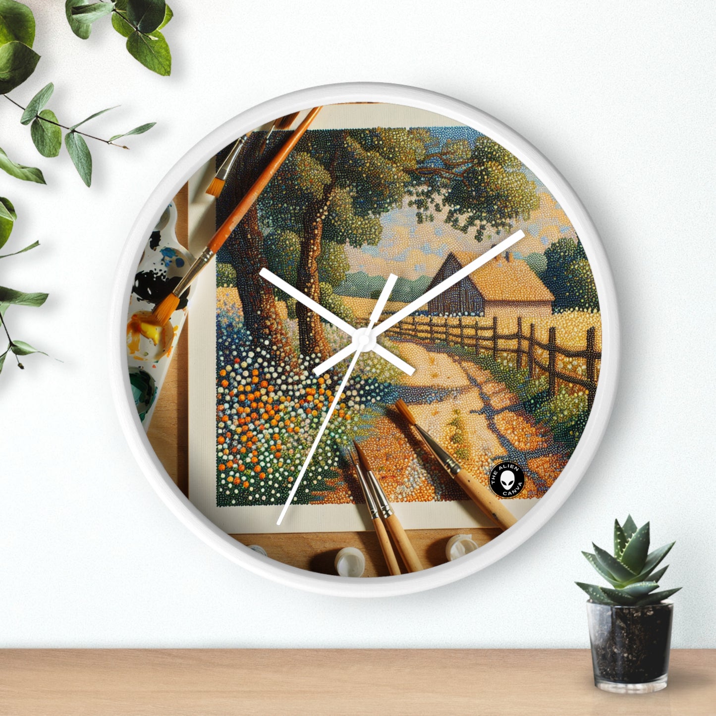 "Autumn Bliss: Puntillismo Bosque" - El puntillismo del reloj de pared alienígena