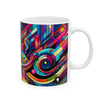 "Neon Metropolis : Un paysage urbain futuriste" - La tasse en céramique Alien 11oz Art numérique