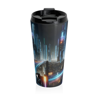 "Neon Nightscapes: A Futuristic City Adventure" - The Alien Stainless Steel Travel Mug