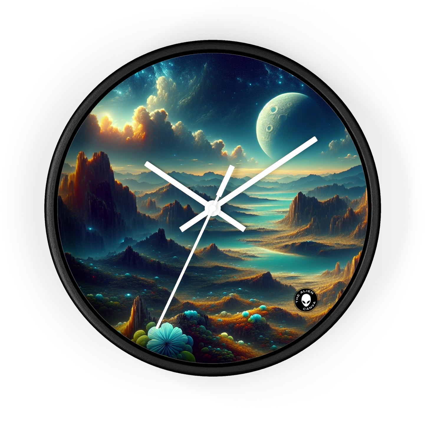 "Un Sueño Extraño: Un Mundo Desconocido en Detalle" - The Alien Wall Clock planetas no descubiertos en estilo hyperrealista