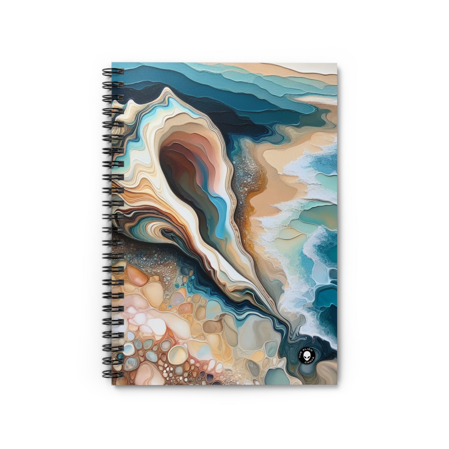 "Une vue sur la plage à travers un coquillage" - The Alien Spiral Notebook (Ligne Lignée) Acrylique Pouring