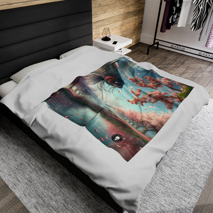 "Koi Fish in Cherry Blossoms: Beauty of Nature" - The Alien Velveteen Plush Blanket