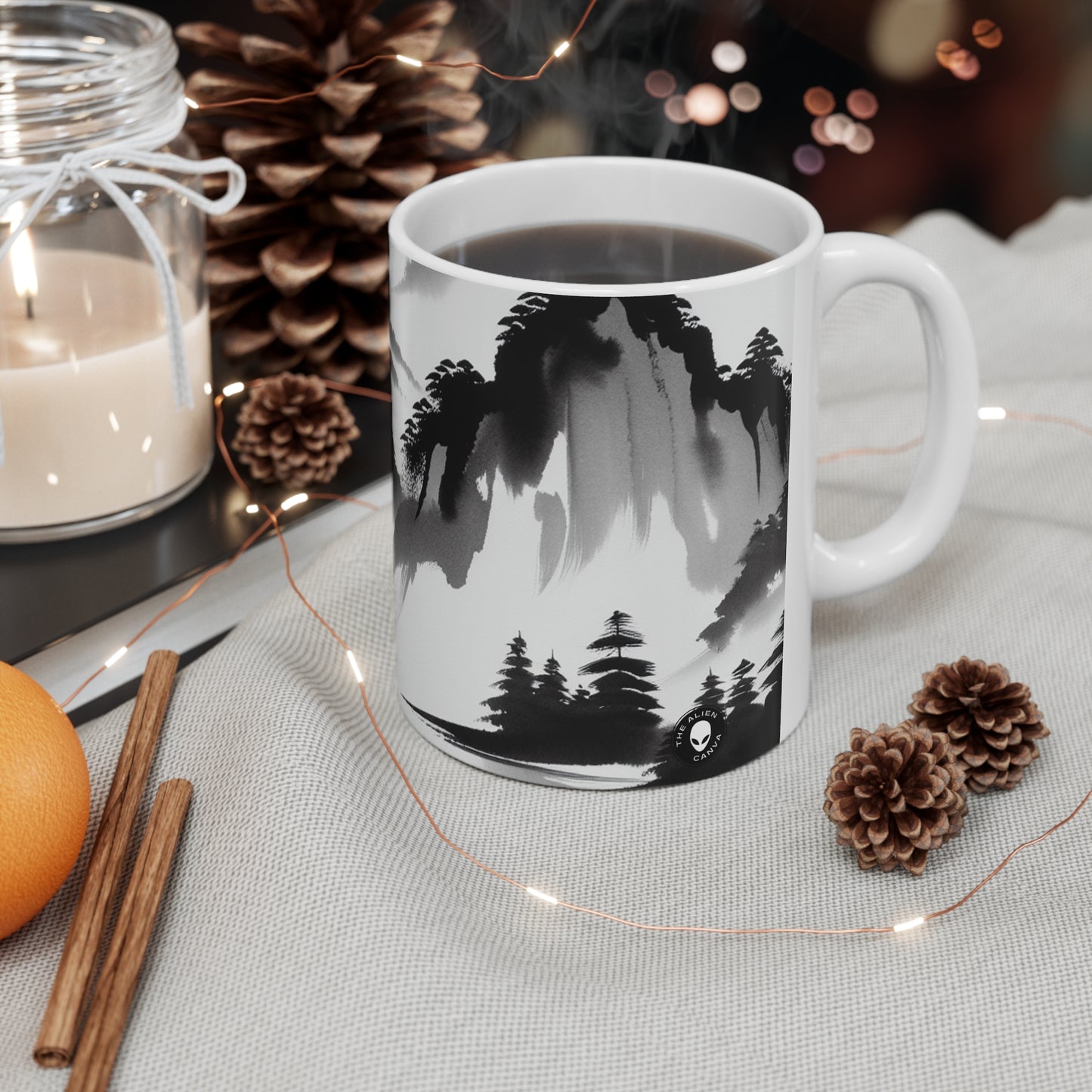 "Mountain Reflection: A Serene Zen Ink Painting" - The Alien Ceramic Mug 11oz Zen Ink Painting