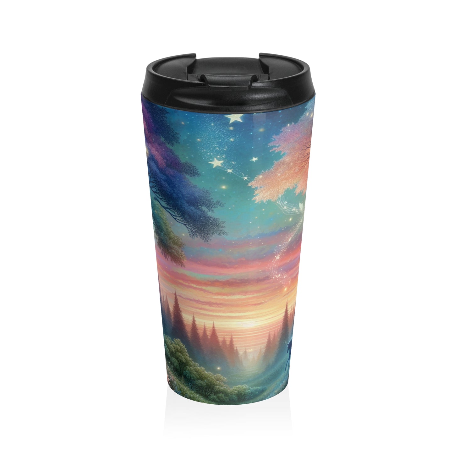 "Atardecer encantado: una pintura de un bosque mágico" - Taza de viaje de acero inoxidable The Alien