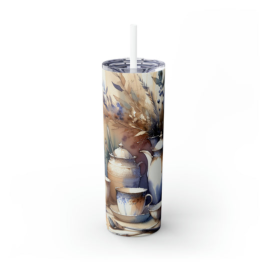 "A Tranquil Sunset by the Riverside" - The Alien Maars® Skinny Tumbler with Straw 20oz Watercolor Painting