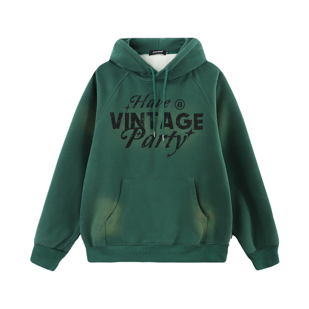 Street Letters Printed Velvet Padded Hooded Sweatshirt Autumn And Winter