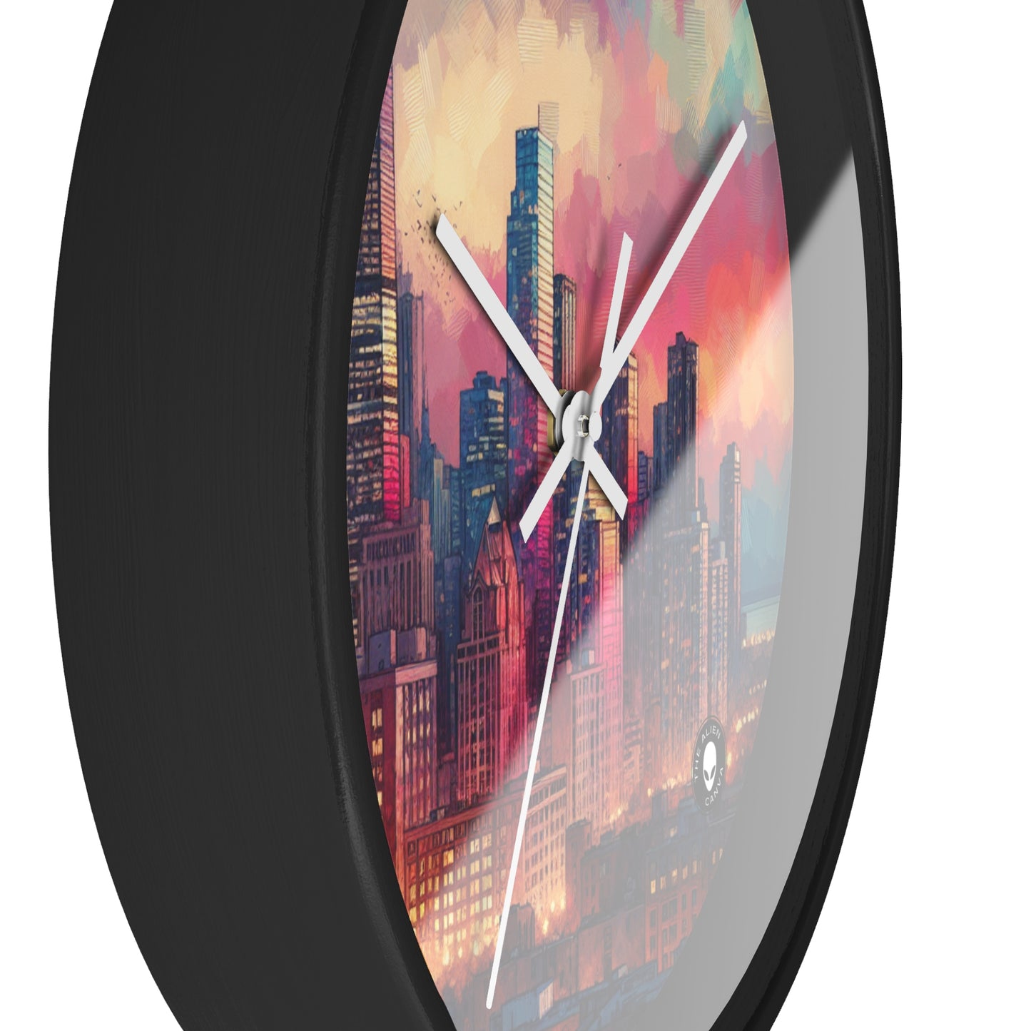 "Dusky Reflections: City Skyline at Sunset" - The Alien Wall Clock