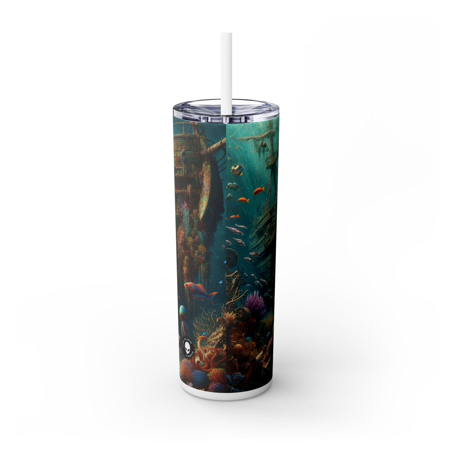 "El tesoro de la sirena: explorando el naufragio hundido" - Vaso delgado con pajita de 20 oz de Alien Maars®