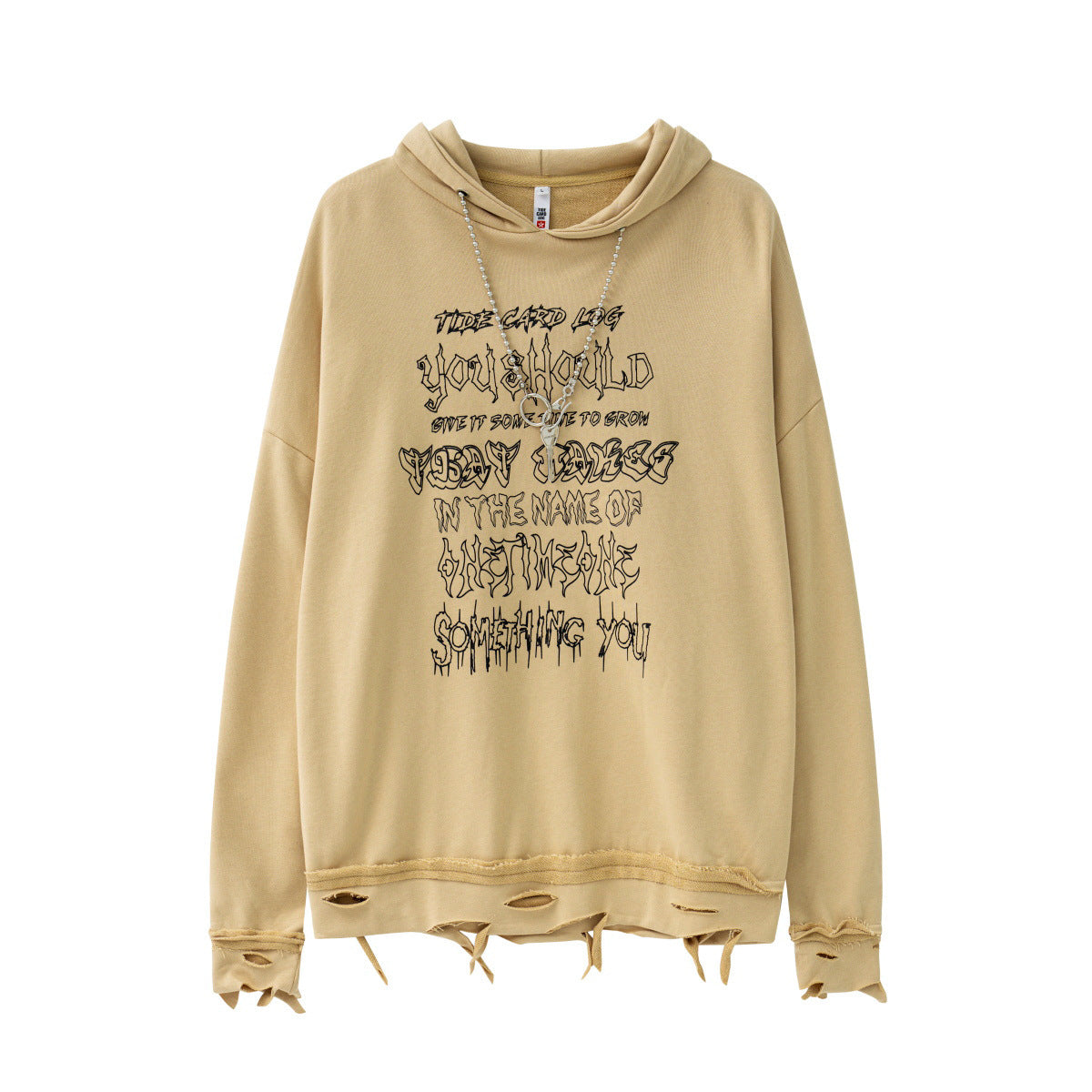 Dobladillo rasgado con sudadera con capucha con estampado de letras y personalidad de cadena