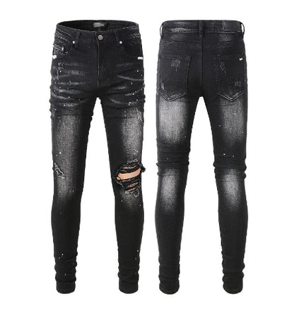 Men's Black Paisley Printed Patch Ripped Jeans