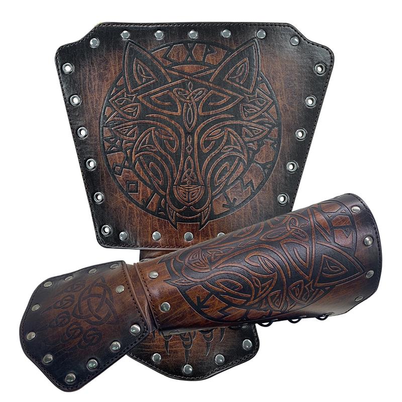 Brazo protector de muñeca con diseño de cabeza de lobo en relieve estilo vikingo nórdico