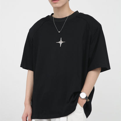 Korean Version Simple Printed Zipper Shoulder Pad Design T-shirt For Men