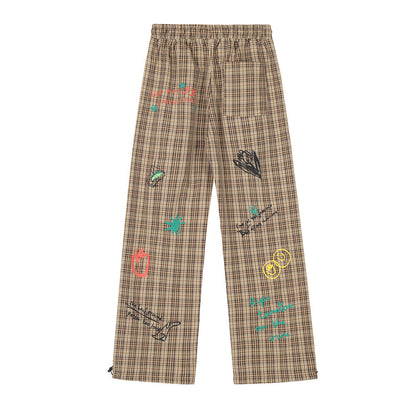 Printed Checks Men's Loose Street Elastic-waist Straight-leg Pants