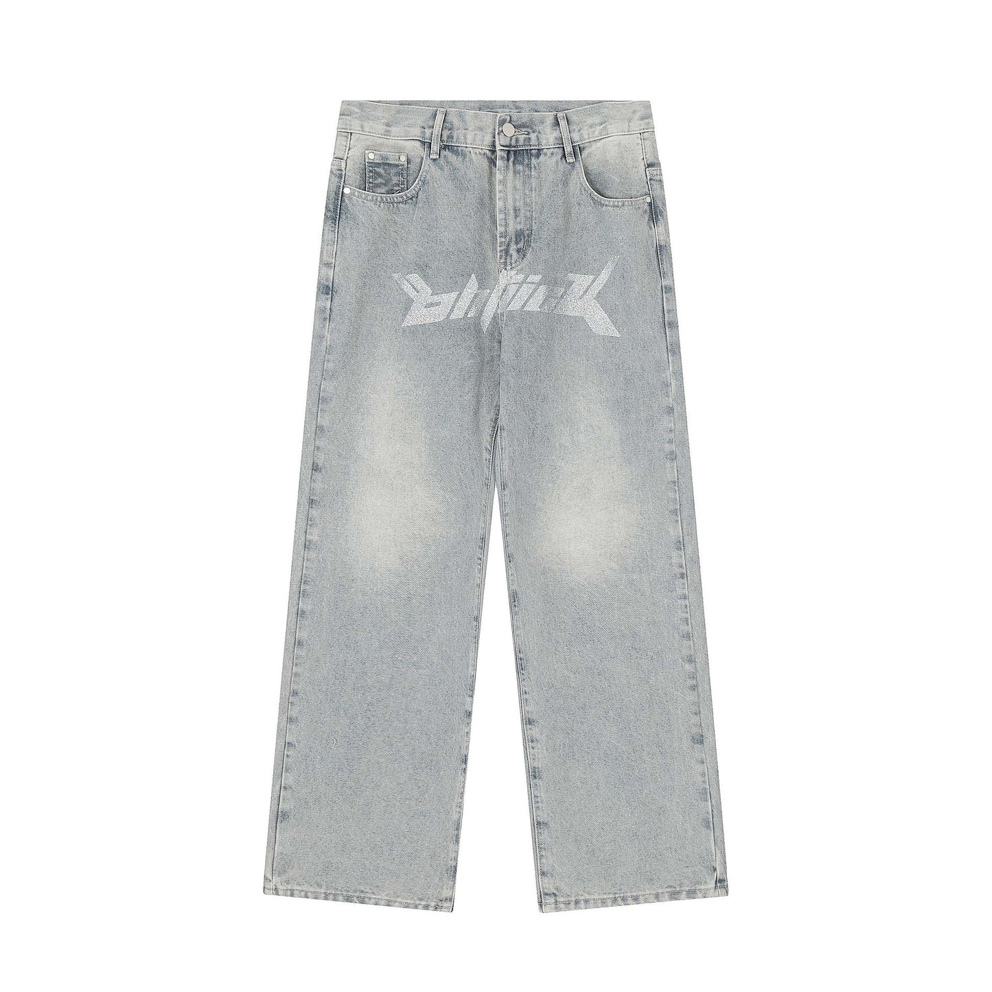 Letter Printed Jeans Men's Casual Straight Trousers