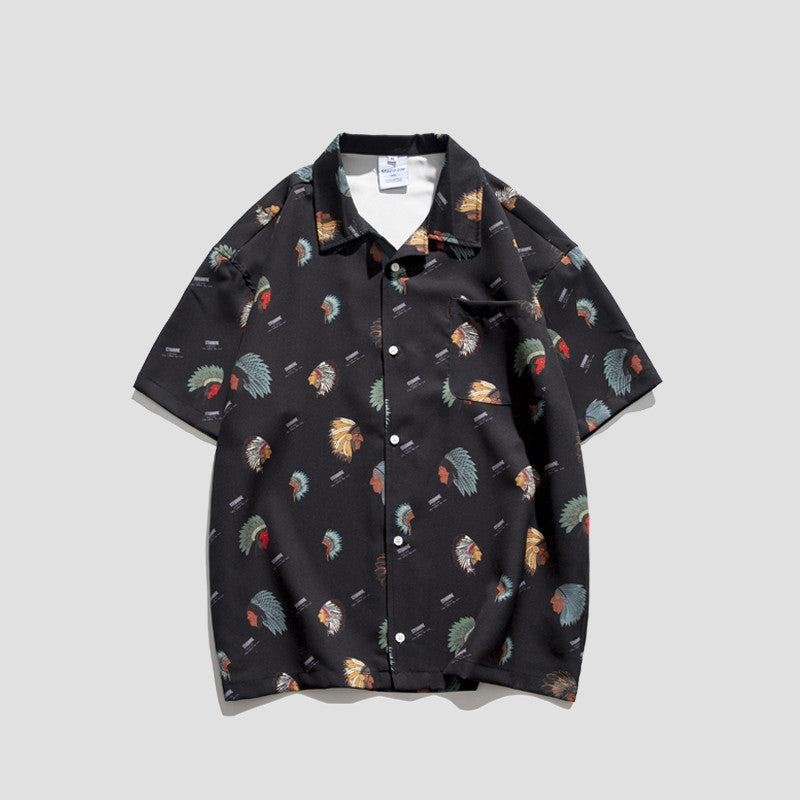 Camisa Retro de manga corta con estampado completo, camisa informal que combina con todo para hombre, media manga holgada