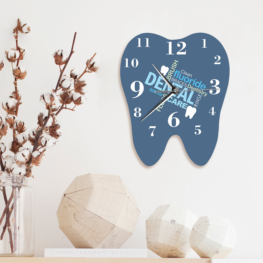 Reloj de pared con arte de palabras de dentista en forma de diente