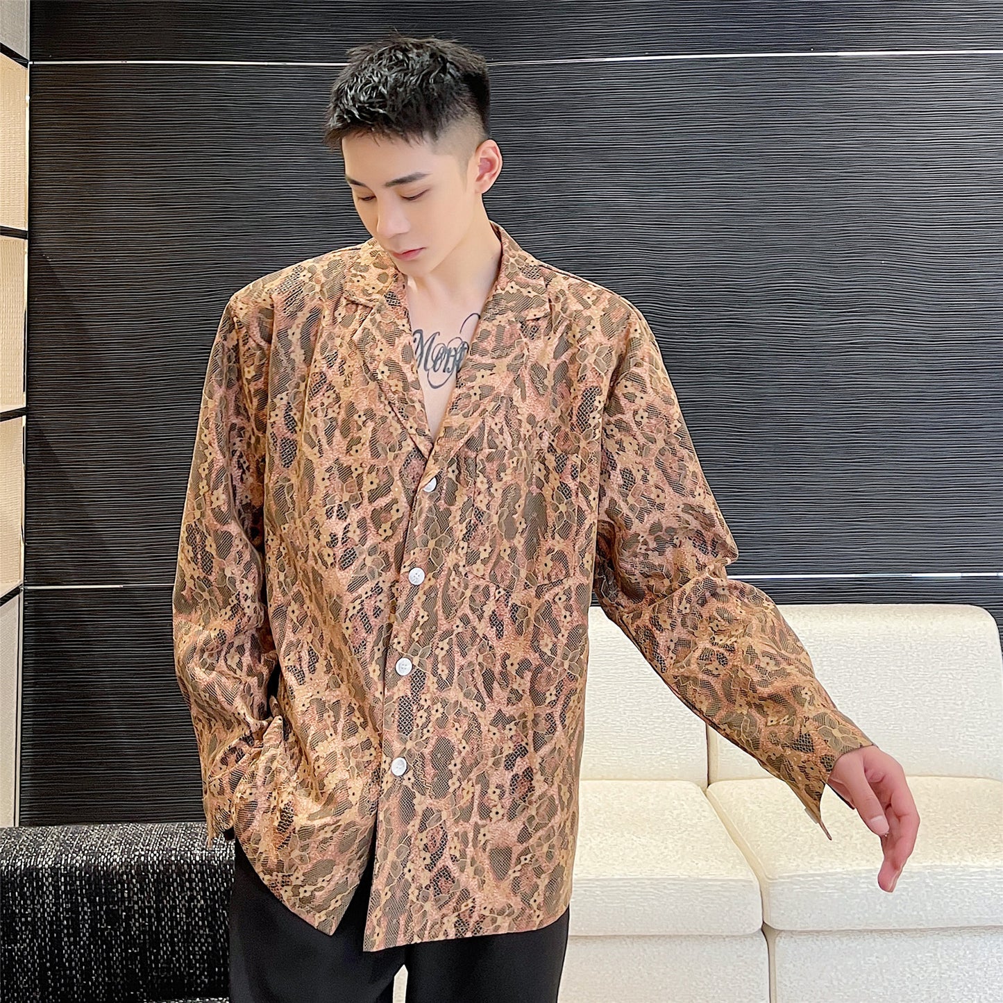 Lace Mesh Leopard Print Suit Collar Shirt Men's Lapel