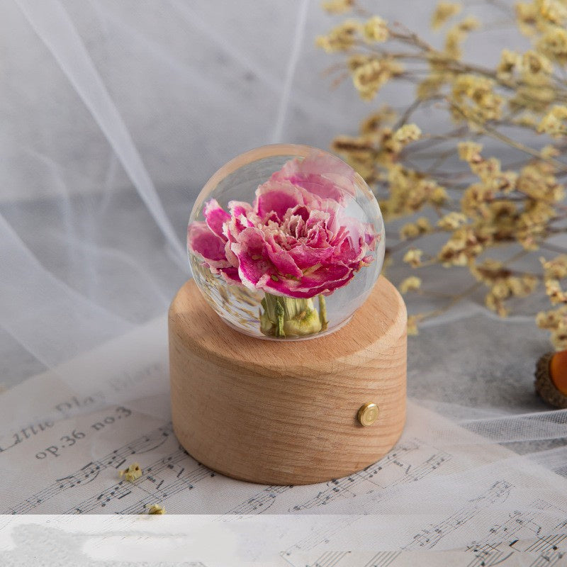 Boîte à musique de décoration de fleurs préservées, boule de cristal