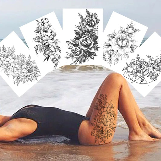 Sexy Flower Temporary Tattoos For Women Body Art Painting Arm Legs Tattoos Sticker Realistic Fake Black Rose Waterproof Tattoos