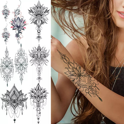 Tatouage temporaire Lotus au henné pour femmes, fausses chaînes de bijoux, fleur noire, Art corporel abstrait, autocollant de transfert, tatouage pour fille