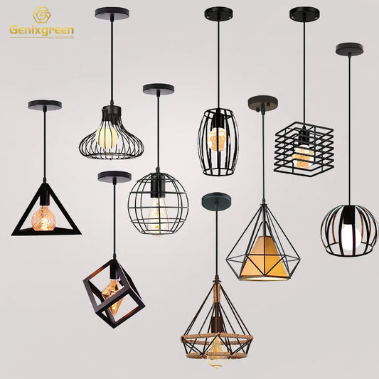 Lámpara colgante Industrial Retro, jaula de Metal Negro Nórdico, accesorios de iluminación, jaula de hierro para Loft, lámparas colgantes ajustables Vintage para cocina