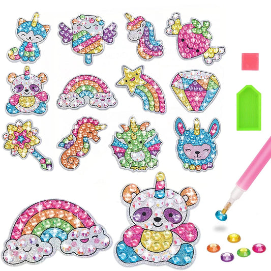 Kit d'autocollants de peinture diamant pour enfants, 12 pièces, autocollants faciles à poser, dessin animé, Animal, peinture diamant par numéros, jouets artistiques, cadeau pour enfants