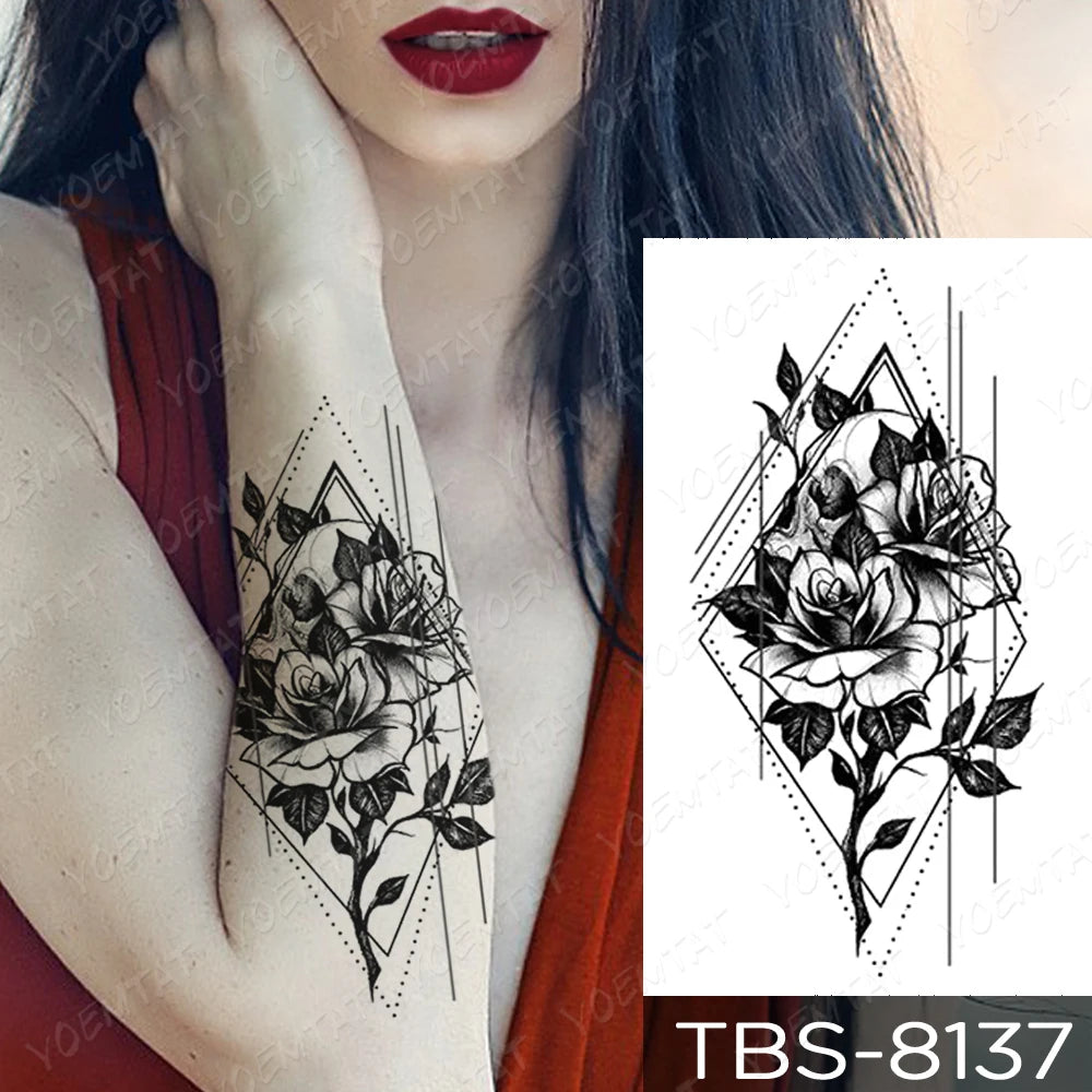 Tatuaje temporal a prueba de agua pegatina pecho encaje Henna Mandala Flash tatuajes Lobo diamante flor arte corporal brazo Tatuaje falso mujeres hombres