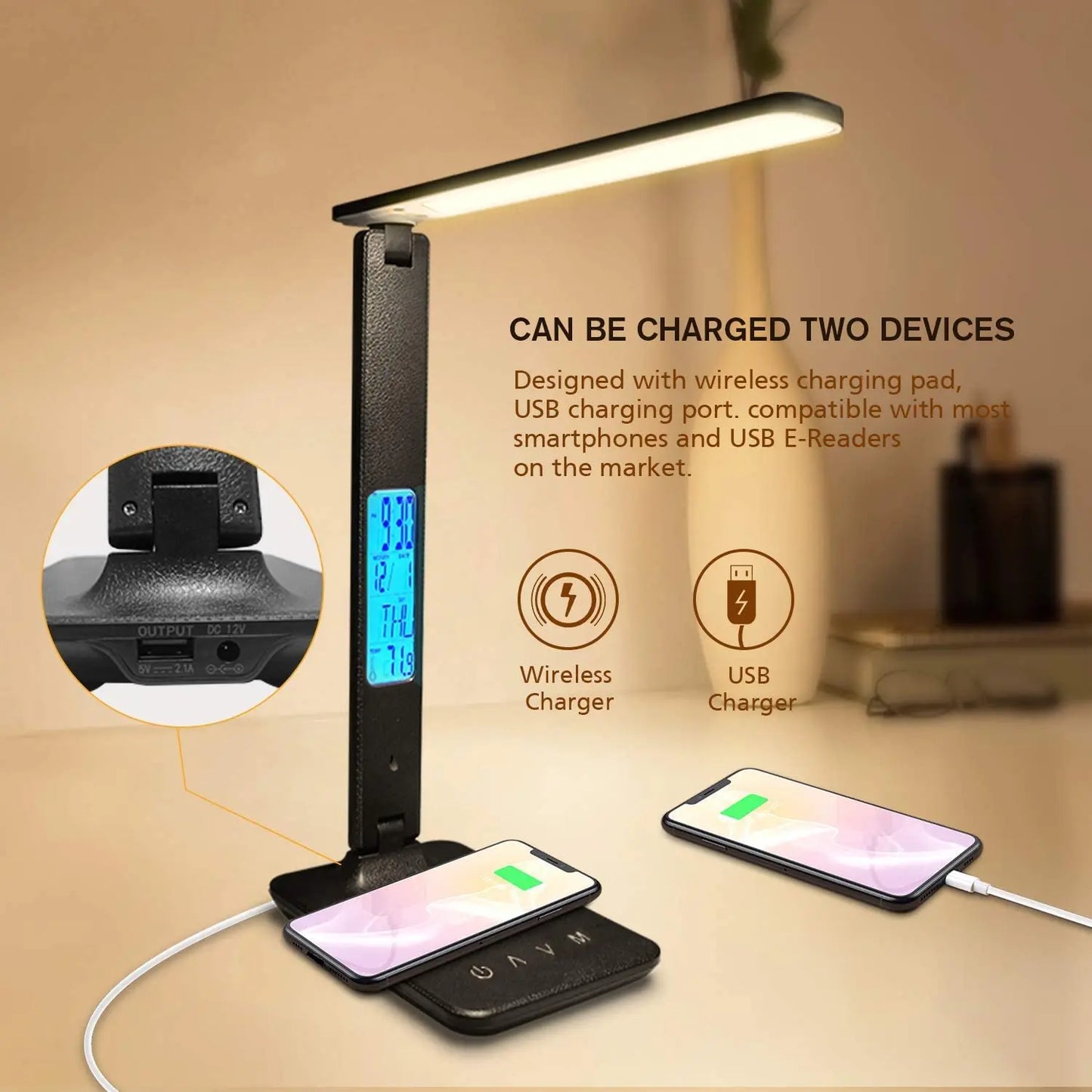 LAOPAO 10W QI charge sans fil LED lampe de bureau avec calendrier température réveil protection des yeux étude lampe de Table d'affaires