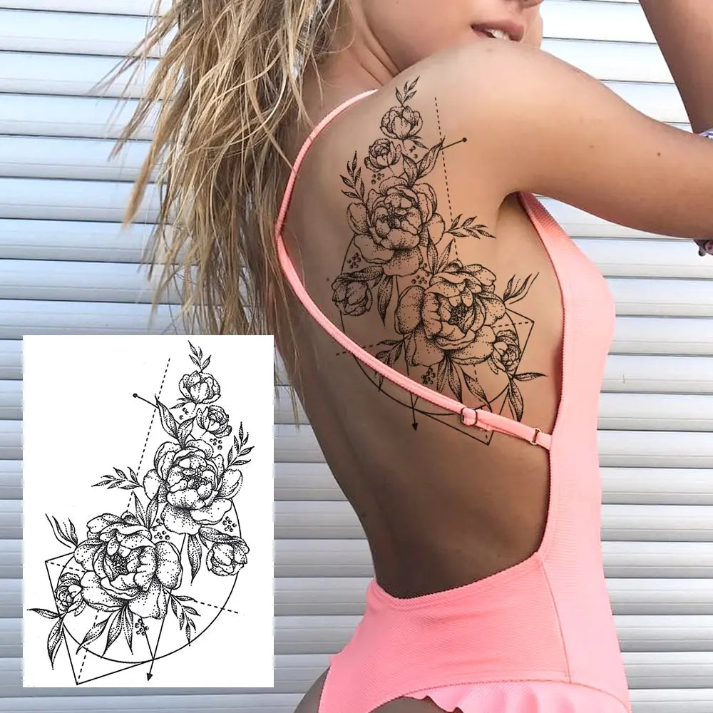 Sexy Flower Temporary Tattoos For Women Body Art Painting Arm Legs Tattoos Sticker Realistic Fake Black Rose Waterproof Tattoos