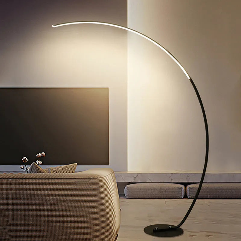 Nordic modern arc LED floor lamp, dimmable and colorful control black and white art deco lighting for living room and bedroom