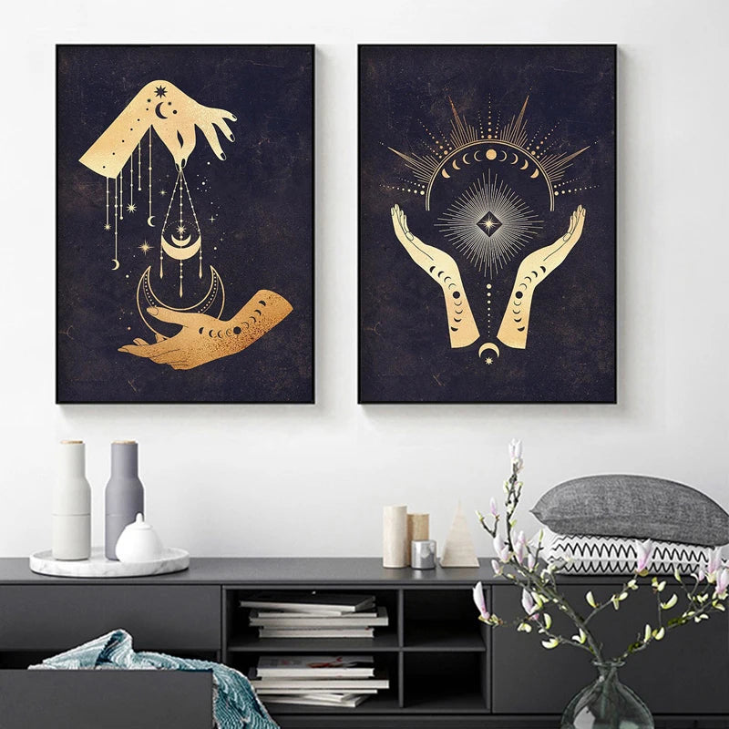 Witchy-pintura en lienzo para decoración de pared, carteles celestiales de sol y luna, impresiones de arte de brujería, cuadros de pared abstractos, decoración del hogar