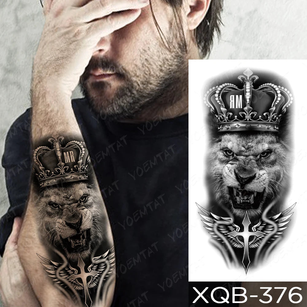 Waterproof Temporary Tattoo Sticker Forest Lion Tiger Bear Flash Tattoos Women Leopard Wolf Crown Body Art Arm Fake Tatoo Men